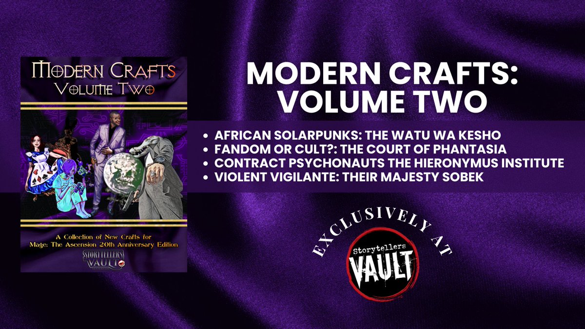 Modern Crafts: Volume Two for Mage: The Ascension 20th Anniversary Edition is available now.

Get it here: tinyurl.com/3pfdraz6

A collection detailing four Crafts with an emphasis on newer practices than the more traditional practices usually seen in Crafts. #ttrpg
