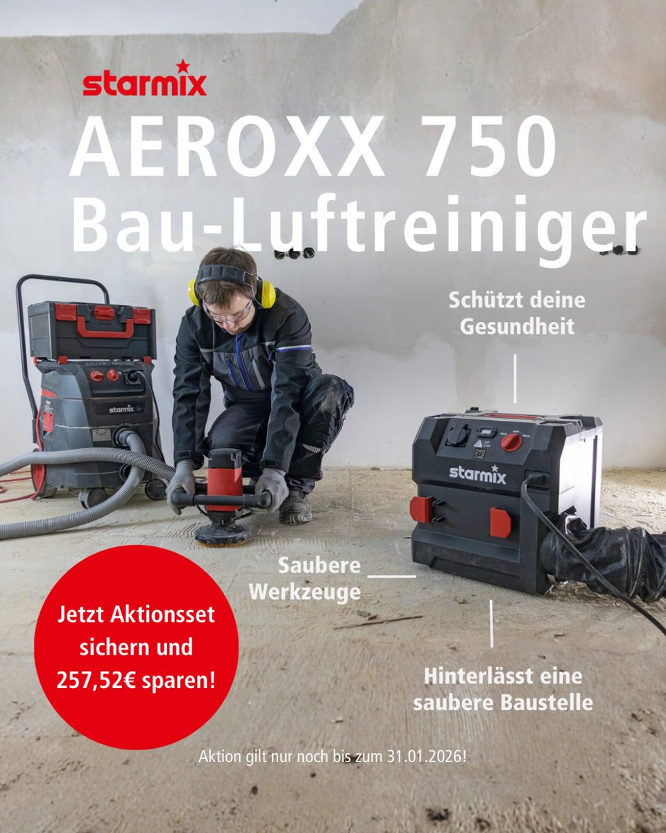 🚨 Nur bis 31.01. – 257,00 € sparen!
👉 Bau-Luftreiniger AEROXX 750 im Aktionsset sichern:
 Erhalte 1 Hauptfilter (H13) und 5 Vorfilter gratis beim Kauf eines Aeroxx 750. 
⏰ Jetzt kaufen &amp; 257,00 € sparen: starmix.de/aeroxx-sale