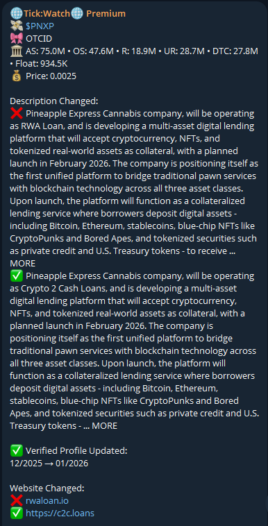 OTCTickWatch's tweet photo. Comment below $PNXP 
4 spots left. This Alert came 4 days ago.
News today. https://t.co/LEpMKY4KY6