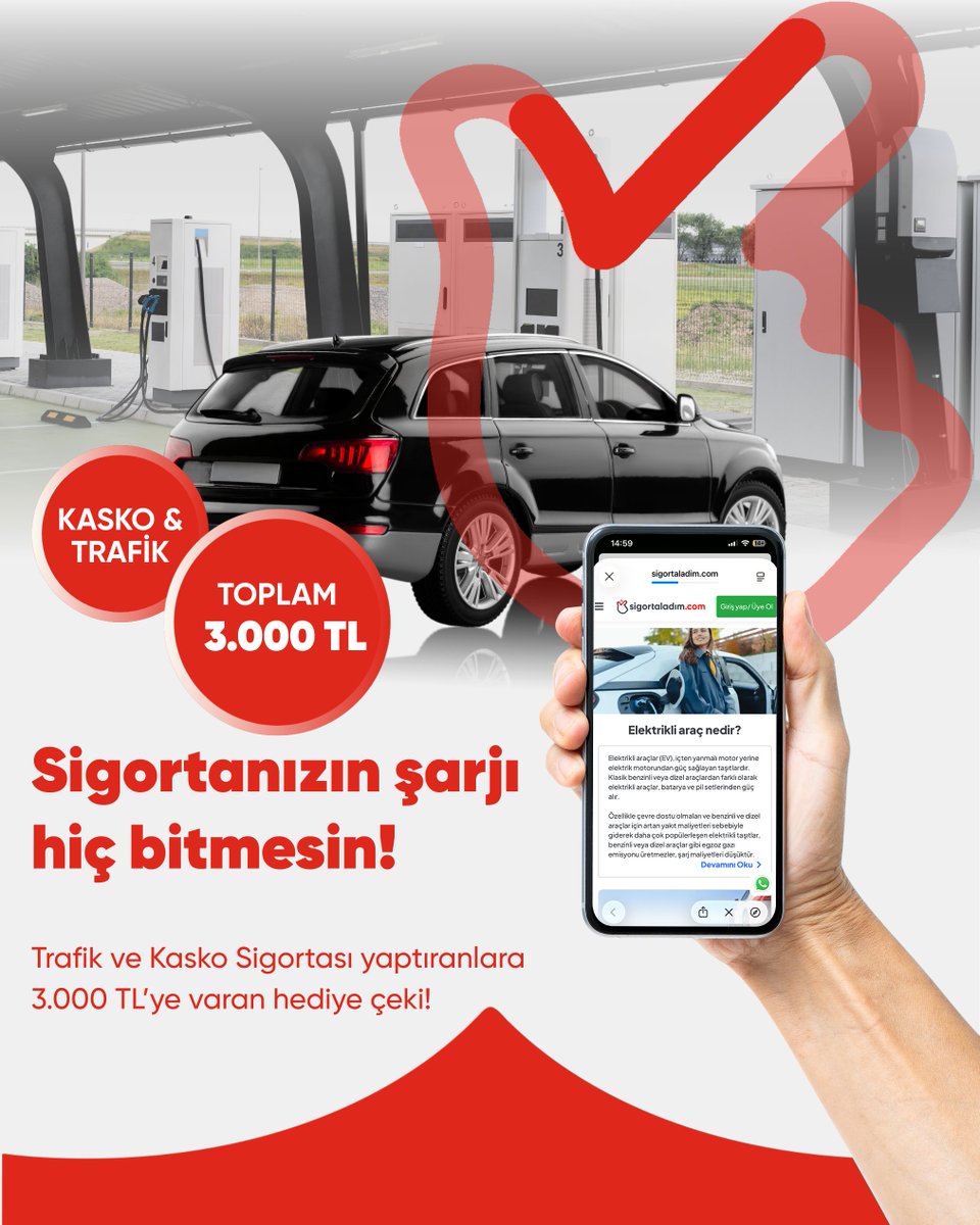 Elektrikli aracınız varsa, sigortanız da ona ayak uydursun. ⚡️ 

Elektrikli aracınızın kasko + trafik sigortasını sigortaladım.com’dan yaptırın, 3.000 TL’ye varan Migros hediye çeki kazanın.

Detaylı bilgi için: sigortaladim.com/elektrikli-ara…