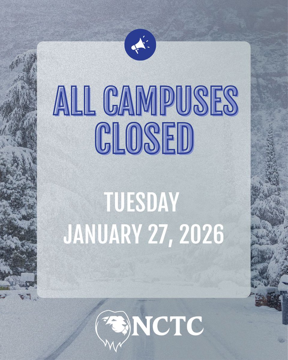 nctclions's tweet photo. All NCTC Campuses will be closed Tuesday, January 27 due to inclement weather conditions. 

We will continue to monitor weather and road conditions and provide updates on any additional schedule changes as needed. Stay safe, Lions.❄️🦁 https://t.co/egEjz9NP4B