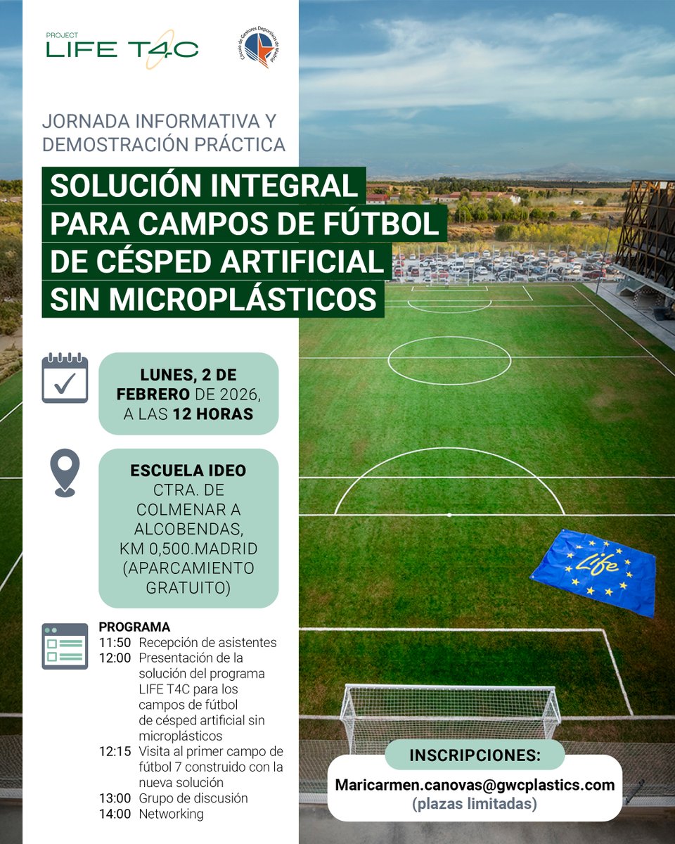 LIFET4C celebra la jornada "Solución Integral para Campos de Fútbol de Césped Artificial sin Microplásticos"

📅 2 DE FEBRERO DE 2026
🕛12:00
🚗APARCAMIENTO GRATUITO
📝INSCRIPCIONES: Maricarmen.canovas@gwcplastics.com
