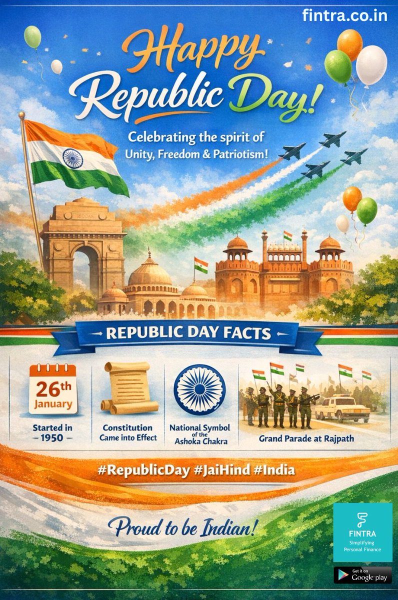 FintraSupport's tweet photo. Fintra wishes everyone Happy Republic Day!
#RepublicDay #India #Indians #Unity #Freedom #Patriotism #Celebration #Celebrate #CelebrateIndia #CelebrateFreedom #RepublicDay2026 #RepublicDayIndia #RepublicDayIndia2026 https://t.co/fm2q49z46O