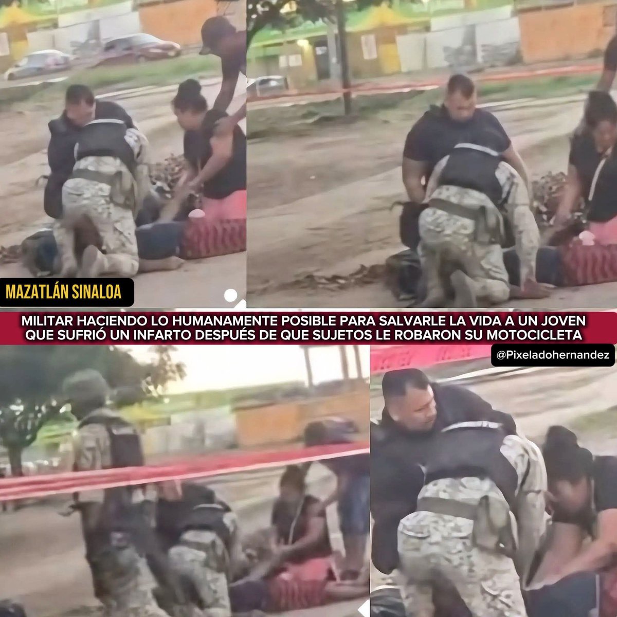 EJTO_FAM_GN's tweet photo. #EjercitoMexicano- @Defensamx1 
#Sinaloa
#Mazatlan Queremos expresar nuestro más profundo agradecimiento y respeto al militar que, con valentía, profesionalismo y un gran sentido humano, luchó incansablemente por salvar la vida de este joven.

A pesar de las circunstancias tan adversas y del acto violento del que fue víctima —al ser despojado de su motocicleta a mano armada—, su intervención fue un reflejo del verdadero compromiso de servir y proteger. Aunque el desenlace para el joven que fue despojado de su unidad fue doloroso y del que hoy lamentamos profundamente su fallecimiento a causa del infarto que sufrió, reconocemos y valoramos el esfuerzo, la entrega y la vocación demostrada hasta el último momento por parte del militar.

Su actuación no pasó desapercibida y merece reconocimiento, respeto y gratitud. En medio del dolor, reconforta saber que hubo alguien que luchó por él con honor y humanidad.

Gracias por no rendirse, por intentar salvar una vida y por demostrar que aún existen personas comprometidas con el bienestar de los demás.
