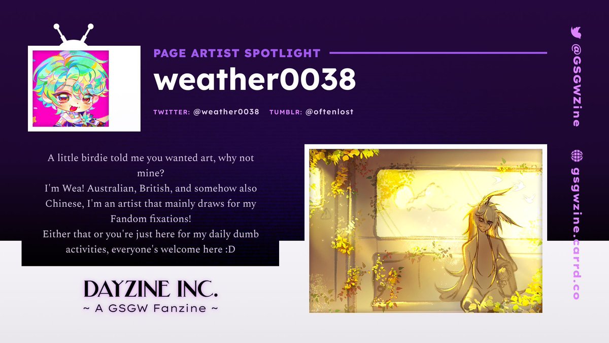 Come lay your eyes on the one, the only, <a href="/weather0038/">weatherreport0038</a> (also known as Wea)!🕯️

An extremely skilled artist who's been working hard to deliver their best work! Come cheer them on with us! 

#gsgw #fanzine #gdcg