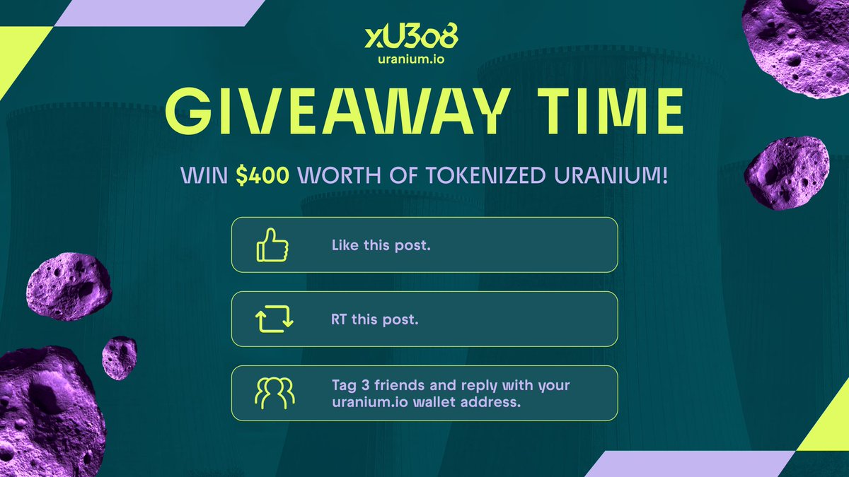 uranium_io's tweet image. Win $400 worth of tokenized uranium!

We’re kicking off 2026 by celebrating with a $400 giveaway of xU3O8, representing ownership of physical uranium, to 26 winners 💚

Prizes:
🏆 1 winner: $40 each
🏆 2 winners: $30 each
🏆 3 winners: $20 each
🏆 8 winners: $15 each
🏆 12…