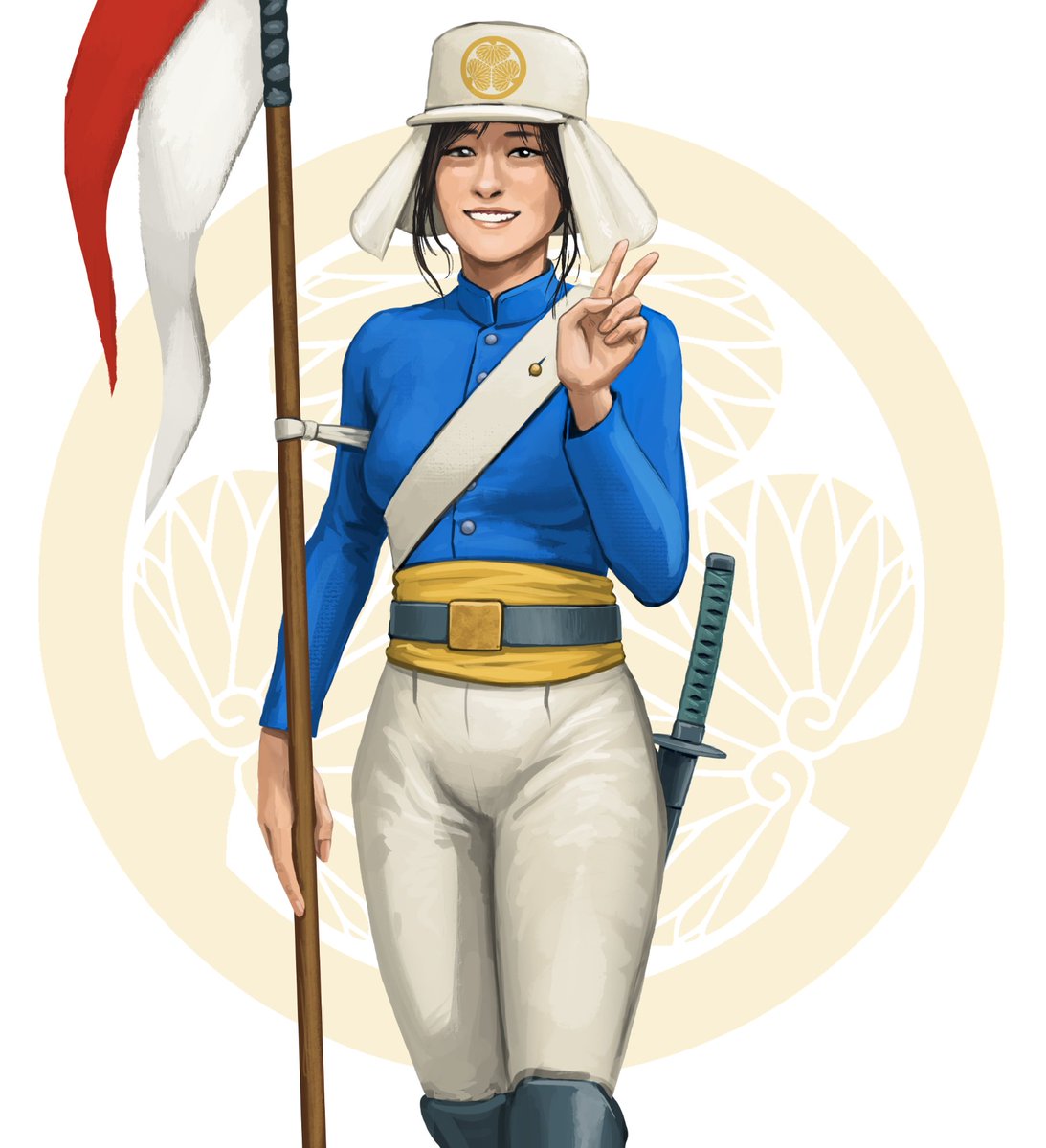 Yoshiko, in her new cavalry uniform ready to fight for the Shogun, 1867