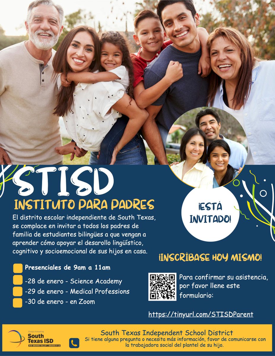 👉🏻 THIS WEEK  STISD Emergent Bilingual families: Learn how to support your child’s language development, learning &amp; social-emotional growth at home.

📅 January 28–30
⏰ 9:00–11:00 AM
📍 Various STISD campuses

📲 Scan the QR code or register here: loom.ly/wZSnlRM