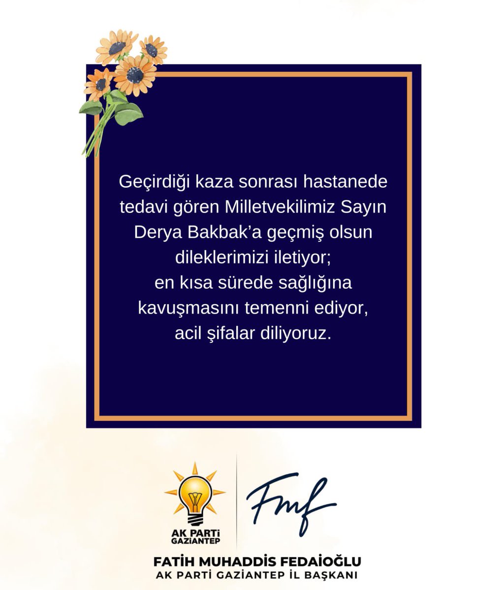 Kıymetli <a href="/deryabakbak27/">Doç. Dr. DERYA BAKBAK 🇹🇷</a>  Vekilimize Allah’tan acil şifalar diliyor, en kısa sürede sağlığına kavuşmasını temenni ediyoruz.

<a href="/abuyukgumus/">Ahmet Büyükgümüş</a> 
<a href="/fmfedaioglu/">Fatih Muhaddis FEDAİOĞLU</a> 
<a href="/deryabakbak27/">Doç. Dr. DERYA BAKBAK 🇹🇷</a> 
<a href="/Akparti/">AK Parti</a>