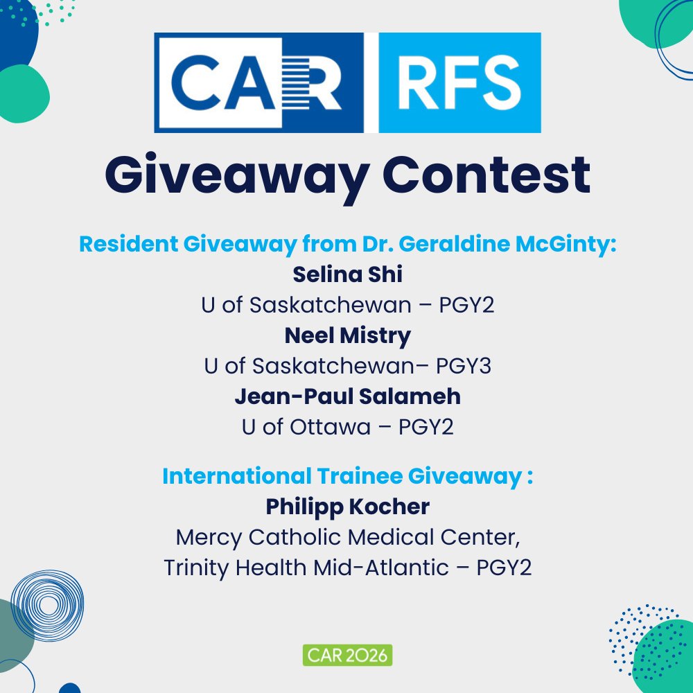 Residents recently had the chance to enter to win their attendance at CAR 2026! Congratulations to the winners:

Resident Giveaway from Dr. Geraldine McGinty:

Selina Shi - PGY2
Neel Mistry - PGY3
Jean-Paul Salameh - PGY2

International Trainee Giveaway:
Philipp Kocher - PGY2
