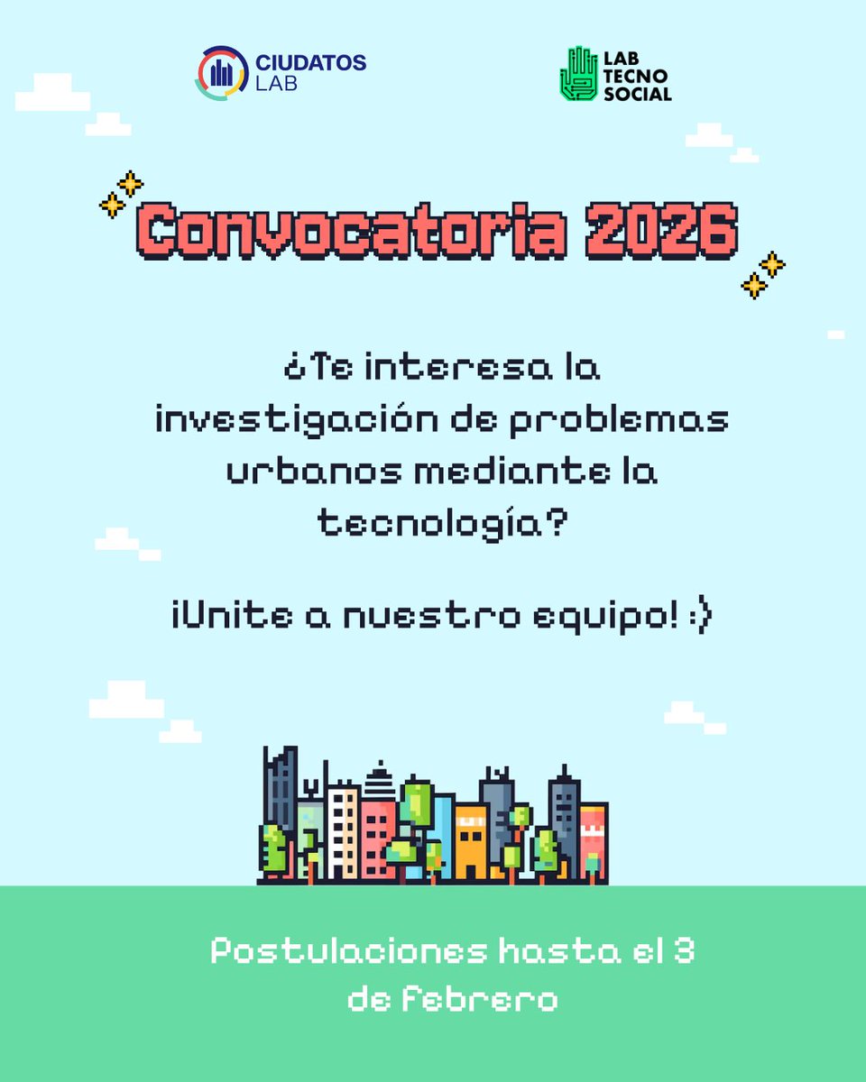 🏙 ¡Abrimos nuestra convocatoria a pasantías y voluntariado 2026! Postúlate para formar parte de nuestro equipo hasta este 3 de febrero.
Revisa las bases aquí: bit.ly/pasantias2026-…