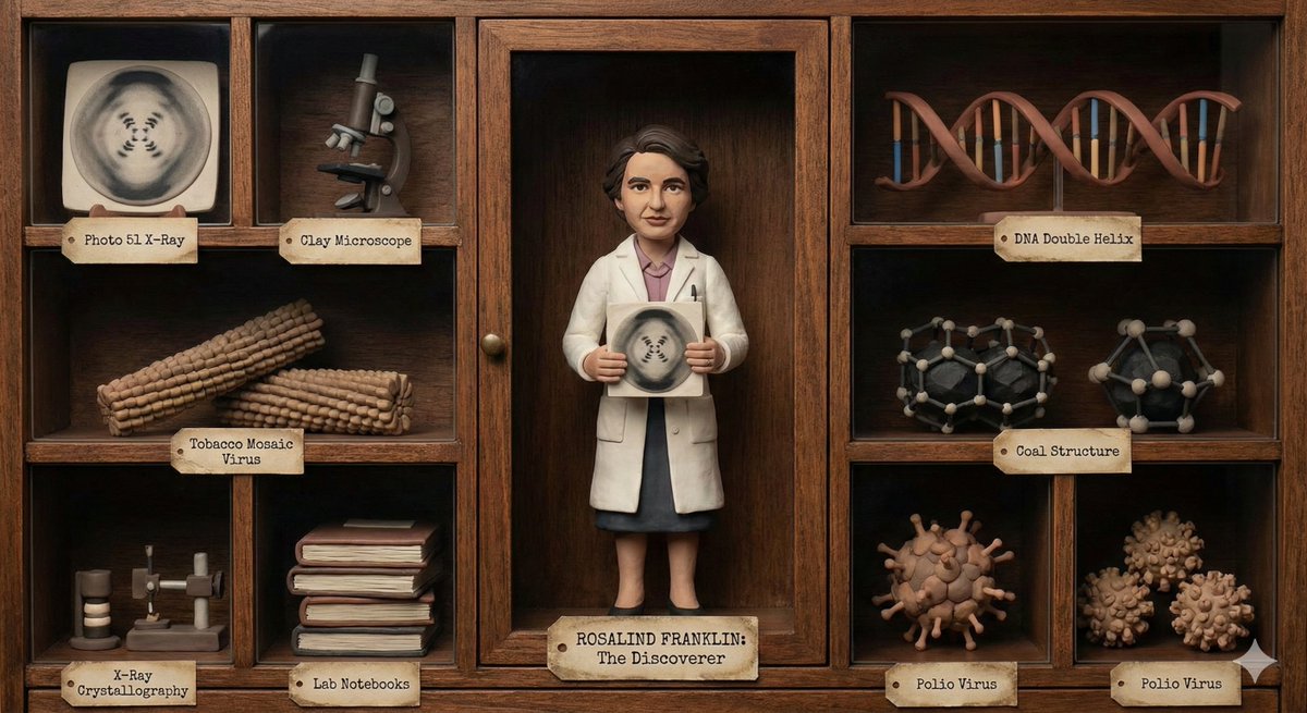 AIPointView's tweet image. Rosalind Franklin: the discoverer who unlocked DNA – a cabinet of scientific achievements and viruses! 🔬🧬📚

#RosalindFranklin #AIPointView #ViralAesthetic #2026Vibes #NanoBananaPro  #GrokImagine