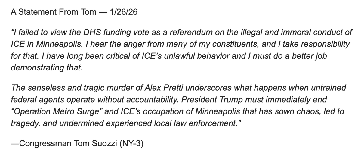 migold's tweet image. Tom Suozzi says he "failed" in voting for the DHS bill, in an email to his campaign list

"I failed to view the DHS funding vote as a referendum on the illegal and immoral conduct of ICE in Minneapolis."
