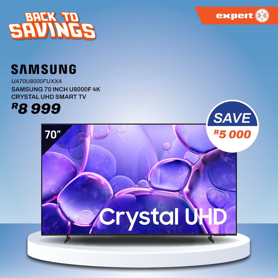 expertstores_sa's tweet photo. Prices are getting ripped up! 💥
Save R5 000 on the Samsung 70” Crystal UHD Smart TV — now only R8 999 🔥
Shop online or at your nearest Expert store.
👉https://t.co/8D1lKbGjTG
#ExpertSA #BackToSavings #ExpertSA https://t.co/aEwnHhloVr