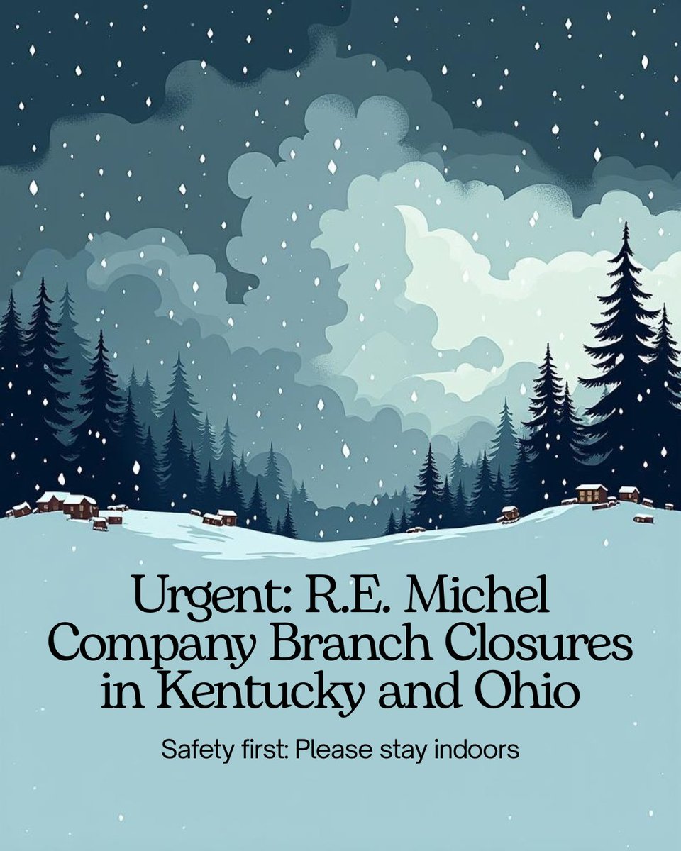 🚨 Weather Update 🚨

Due to unsafe conditions, the following R.E. Michel Company branches are closed today:

Louisville West &amp; East, KY • Stevenson Service Experts • Beaver Creek, OH • Louisville–Schwartz • Elizabethtown, KY • Louisville, KY

Updates to follow.