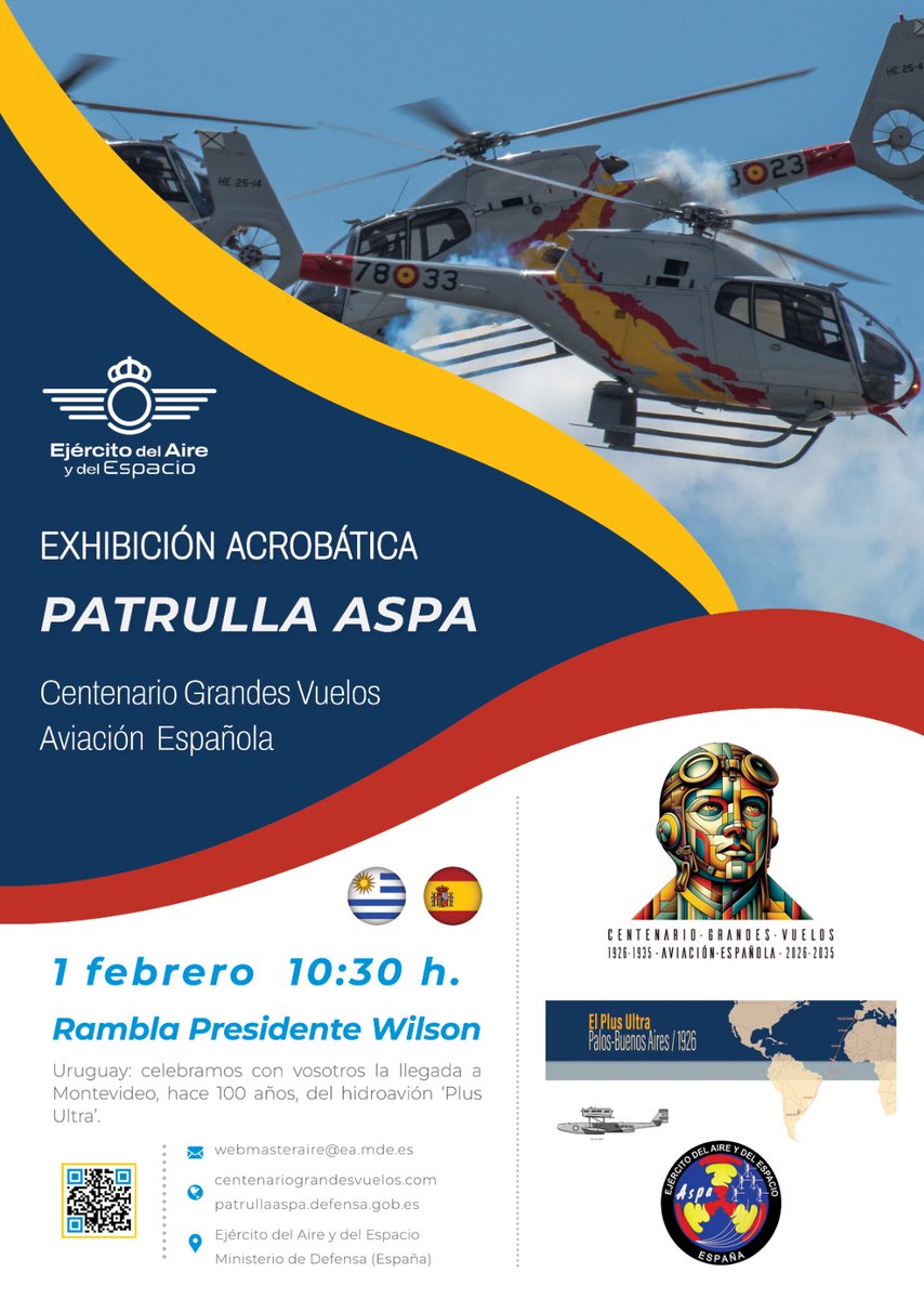 📢 Conmemoramos los 100 años de la hazaña del Plus Ultra con una espectacular exhibición acrobática a cargo de la Patrulla Aspa 🚁 del @EjercitoDelAire y del Espacio
🗓 Domingo 1 de febrero
🕝 10:30
📍 Rambla Presidente Wilson (altura del Club de Golf)
🎟 Entrada libre y gratuita
