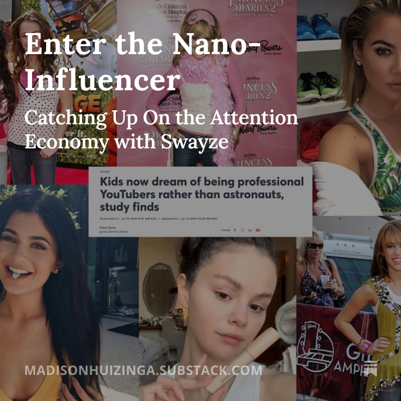 This week I examined the attention economy over time, from child actors to nano influencers, featuring an interview with the founders of Swayze 🤳🤳 Hope you enjoy it! 💌 madisonhuizinga.substack.com/p/enter-the-na…