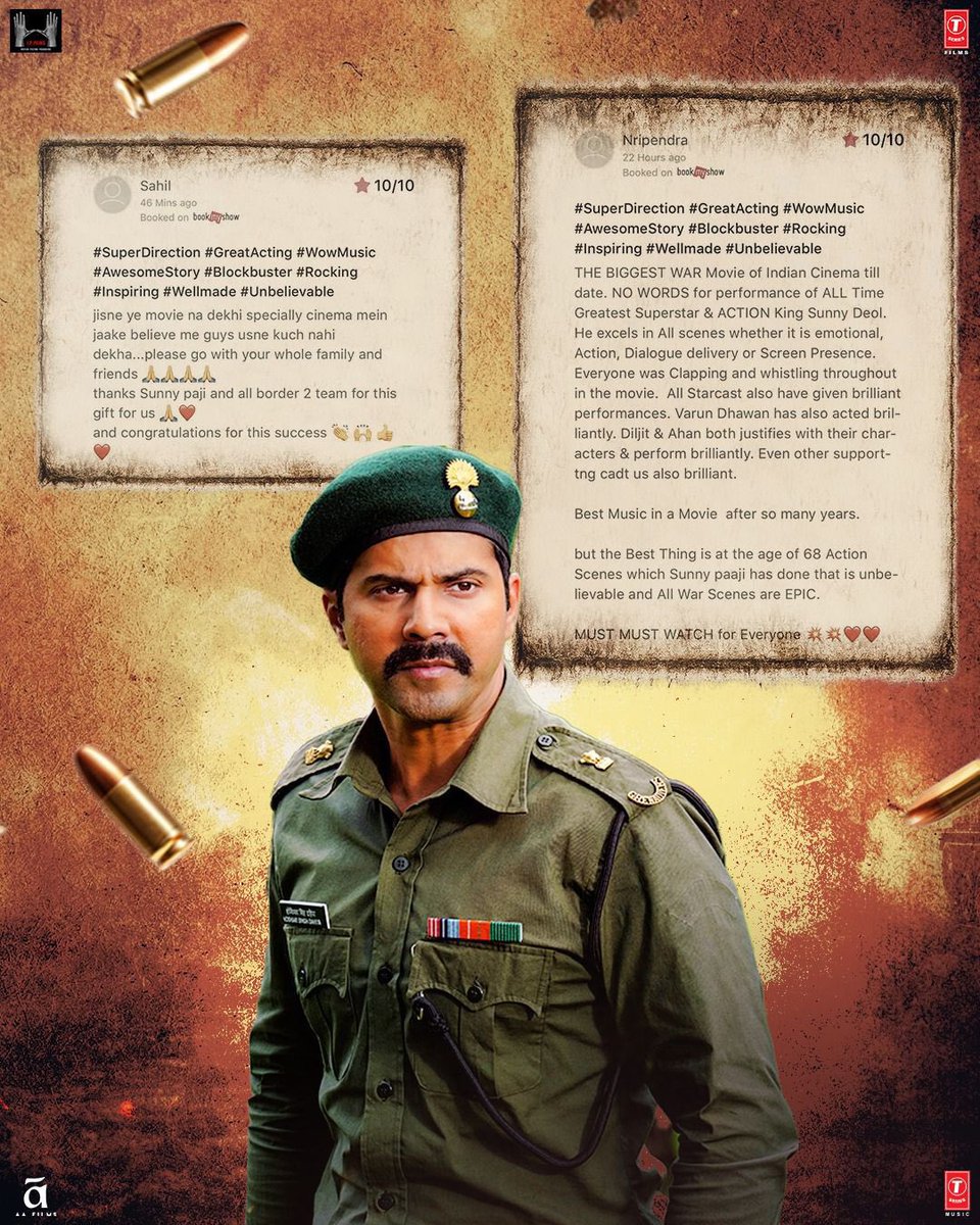 TSeries's tweet photo. Audiences can’t stop talking about #Border2 🔥

Book your tickets now!
🔗- https://t.co/TwkWo0jbJ1

In cinemas worldwide.

@iamsunnydeol @Varun_dvn @diljitdosanjh @ahanshetty28 #BhushanKumar #JPDutta @RealNidhiDutta #KrishanKumar @SinghAnurag79 @ShivChanana @binoygandhi @neerajkalyan_24 @TSeries @JPFilmsOfficial @bajwasonam #MonaSingh @Medhaarana #AnyaaSingh @Sumitaroraa @AAFilmsIndia