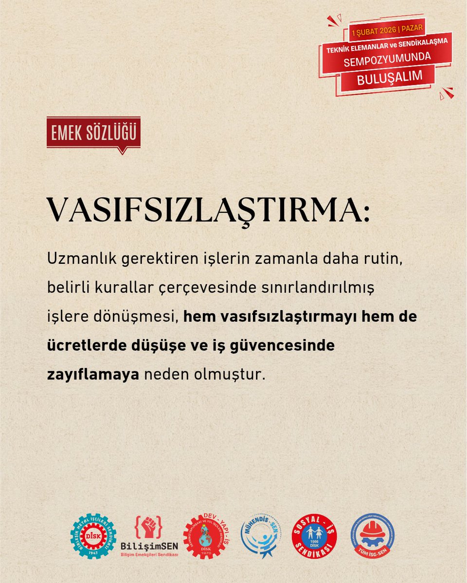 Emek Sözlüğü | Vasıfsızlaştırma:
Teknoloji  ile birlikte uzmanlığın parçalanıp rutinleşmesi, emeğin ucuzlamasıdır. 
​Bu gidişata dur demek ve emeğimizi savunmak için 1 Şubat'ta 'Teknik Elemanlar ve Sendikalaşma Sempozyumu'ndayız. ✊
​#Vasıfsızlaştırma #TeknikEleman #EmekSözlüğü