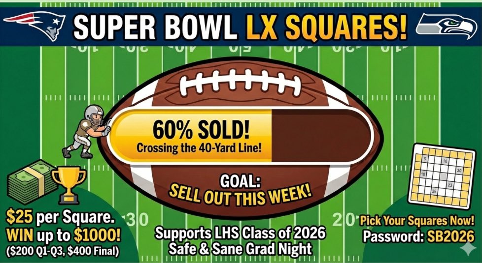 Super Bowl Square Fundraiser is back! Support our senior grad party! Step 1: Select your square(s). Use password: SB2026 if needed. superbowlpoolsite.com/contest/626695 Step 2: Submit your payment of $25 for each square at checkout.square.site/merchant/ML6M2… *Both steps are required for reserve square