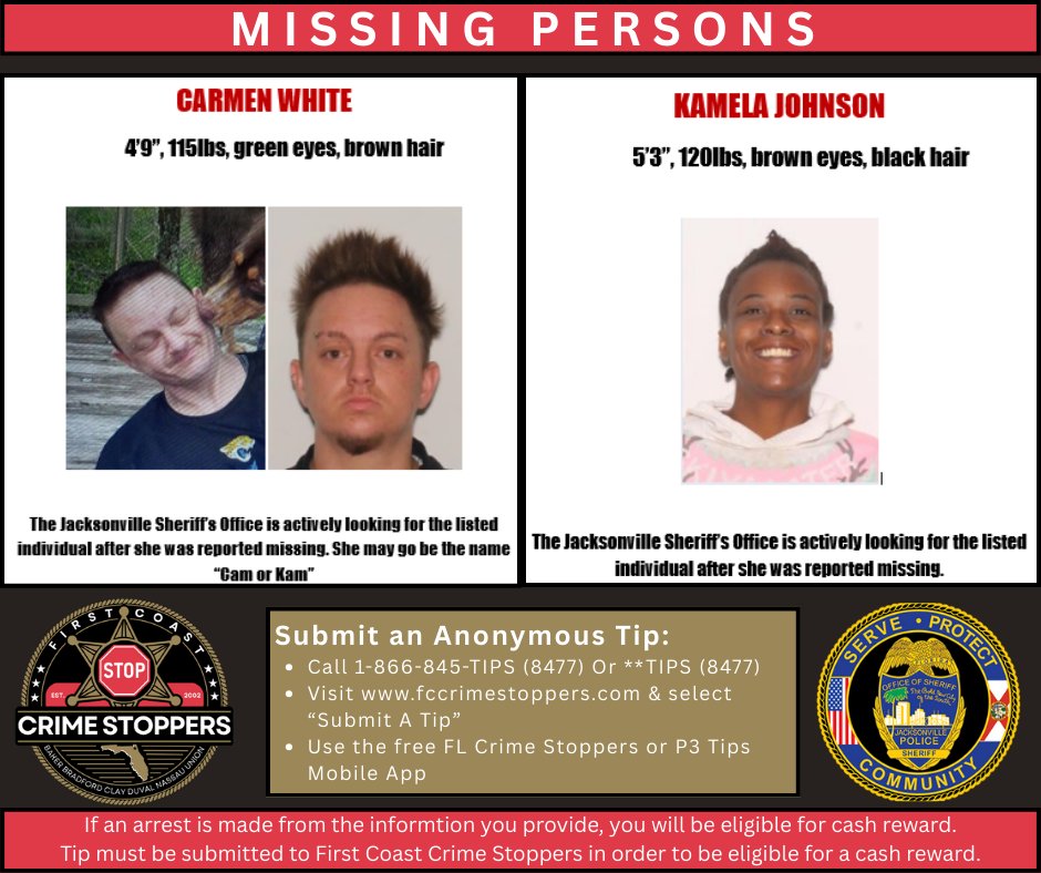 FCCrimeStop's tweet photo. 🚨MISSING PERSONS🚨

If you have any information related to this case, make the call that could help find them. You will remain  anonymous and could receive a cash reward for the information.

📞 Call: 866-845-TIPS
🌐 Visit: https://t.co/jGMLZeQc2P
📱 Florida Crime Stoppers App https://t.co/E1RBxzIumc