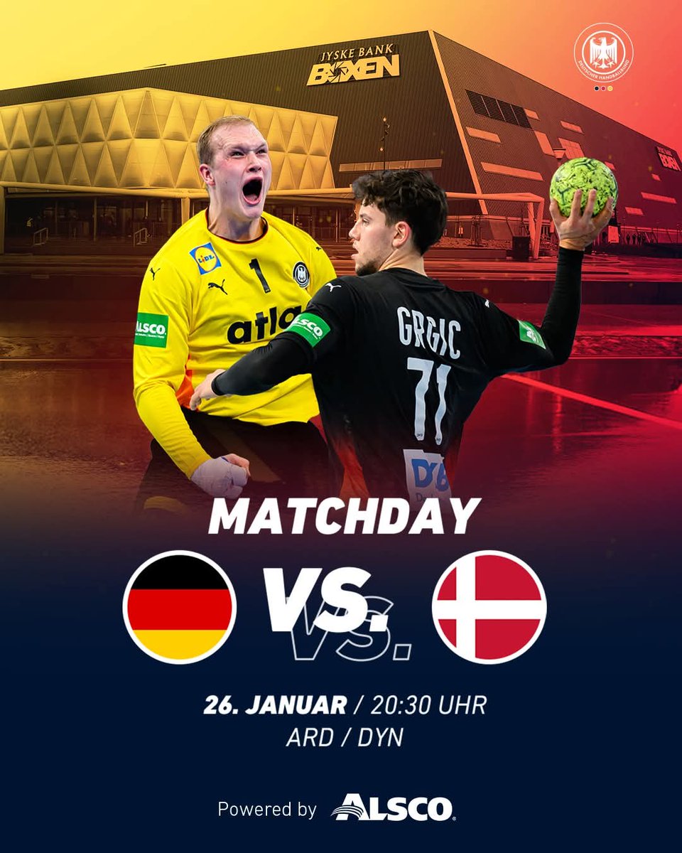 BUNDZONE's tweet photo. 📸 يخوض المنتخب الألماني 🇩🇪 الليلة المباراة الثالثة ضمن الدور الرئيسي لبطولة يورو كرة اليد 🤾‍♀️ بمواجهة بطل العالم المنتخب الدنماركي.

📺المواجهة منقولة مجانًا على قناة كويت الرياضية و Das Erste بداية من 20:30 بتوقيت الجزائر// 22:30 بتوقيت مكة المكرمة.

 #DHB #EHFeuro2026 #GERDAN https://t.co/OuiItXbJz8