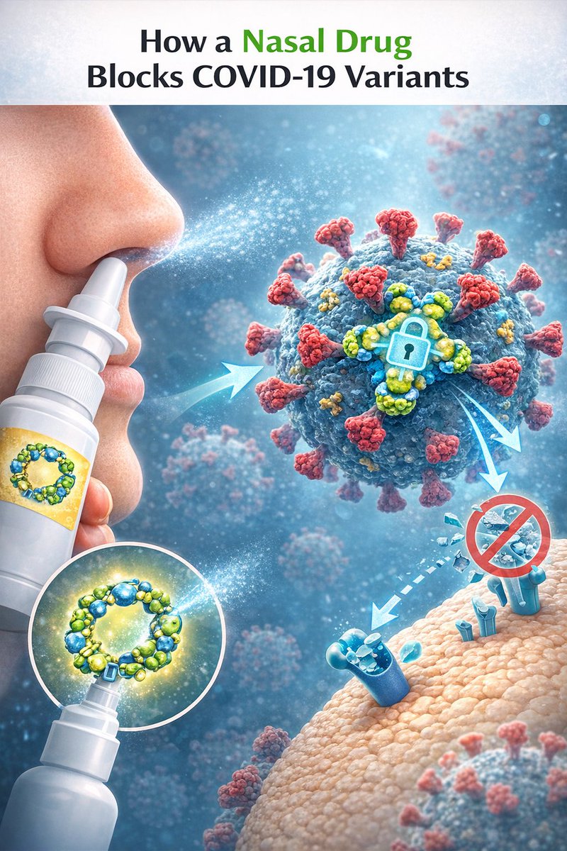 vipintukur's tweet image. Researchers created a nasal drug that locks the COVID-19 virus spike shut, blocking many variants at once. 

➡️ It worked both before and after infection in animals — an encouraging step toward future COVID variants and subvariants.

➡️ A new study reports a macrocyclic peptide…