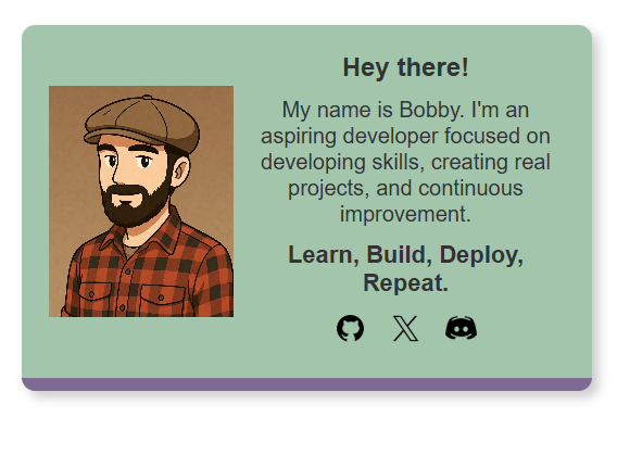 BobbyBuildr's tweet image. First deployment of the @scrimba full-stack course by @perborgen completed. Check out my business card! 🪪

bobbys-business-card.netlify.app

Tech:
- Simple html/CSS

Achievements:
- Great to recap on some of the fundamentals of Web Dev. 
- Using GitHub (Desktop att) &amp;amp; Netlify

#LetsBuild