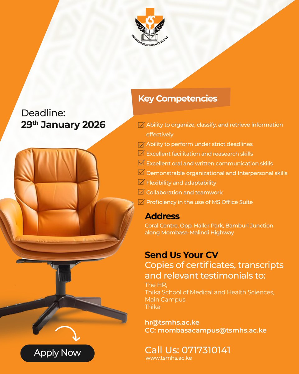 TSMHS_official's tweet photo. 📢 We Are Hiring – Librarian 📚
📍 Mombasa Campus
⏰ Deadline: 29th Jan 2026
Qualified candidates are invited to apply.
📩 hr@tsmhs.ac.ke
☎️ 0717 731 014
#JobAlert #LibrarianJobs #TSMHS #MombasaJobs https://t.co/CKrVNRIHDF