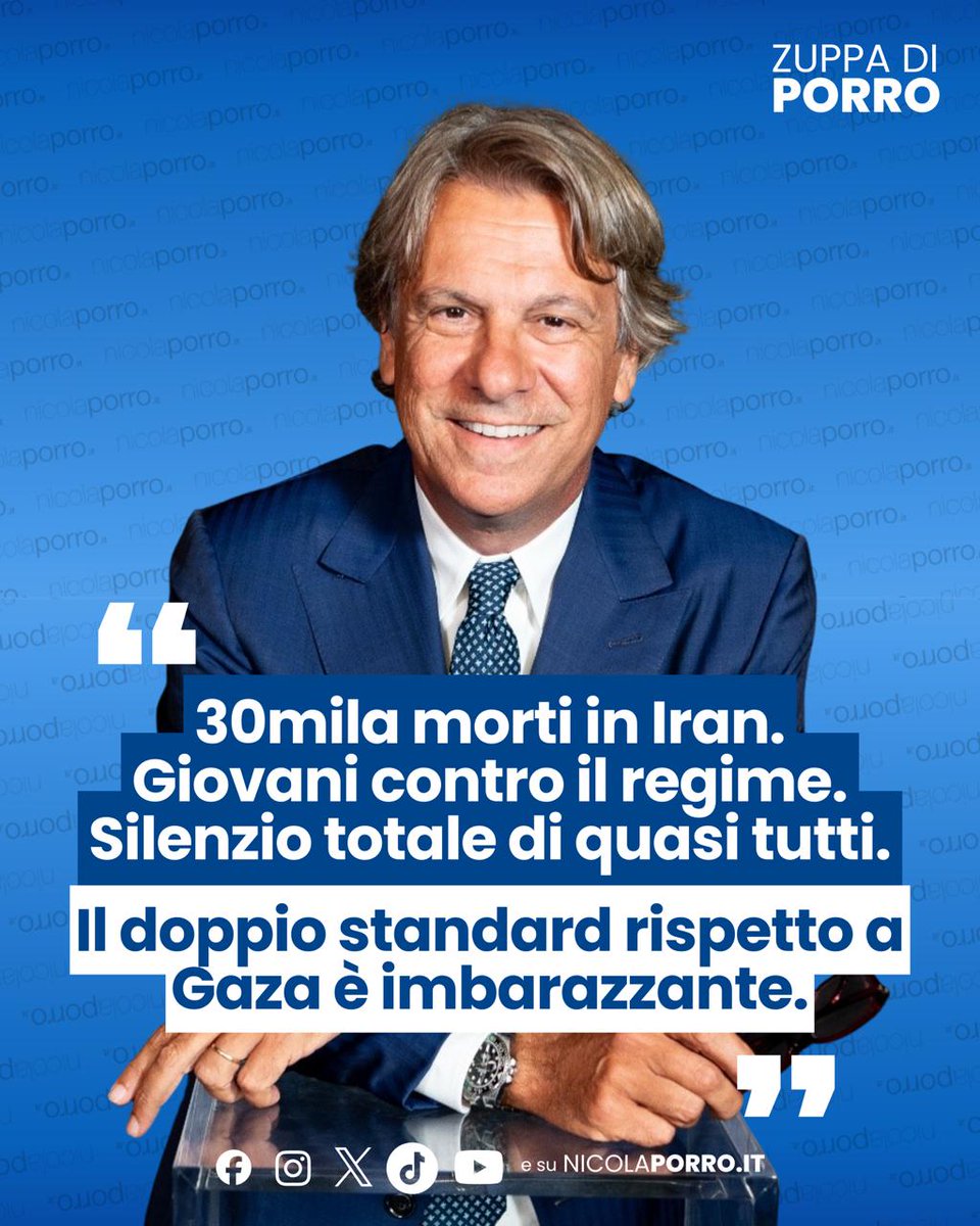 NicolaPorro's tweet photo. Trentamila morti in Iran in due settimane, giovani laici contro il regime. Silenzio totale, o quasi, di tutti quanti. Il doppio standard rispetto a Gaza è imbarazzante. #zuppadiporro https://t.co/9HwJNtG7eP