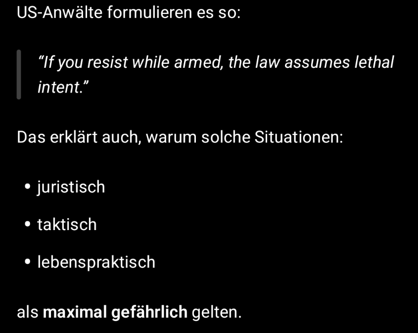 MartinKlinke's tweet photo. @klausjott @MantheyTobias @lawen4cer Er hat widerstand geleistet und war dabei bewaffnet. Damit ist es automatisch bewaffneter Widerstand (zusätzliche Strafe). Dabei spielt es keine Rolle ob er zur Waffe gegriffen oder sie eingesetzt hat.
Die gefahr für tödliche Fehleinschätzung steigt signifikant https://t.co/Gz6TdlDVTA