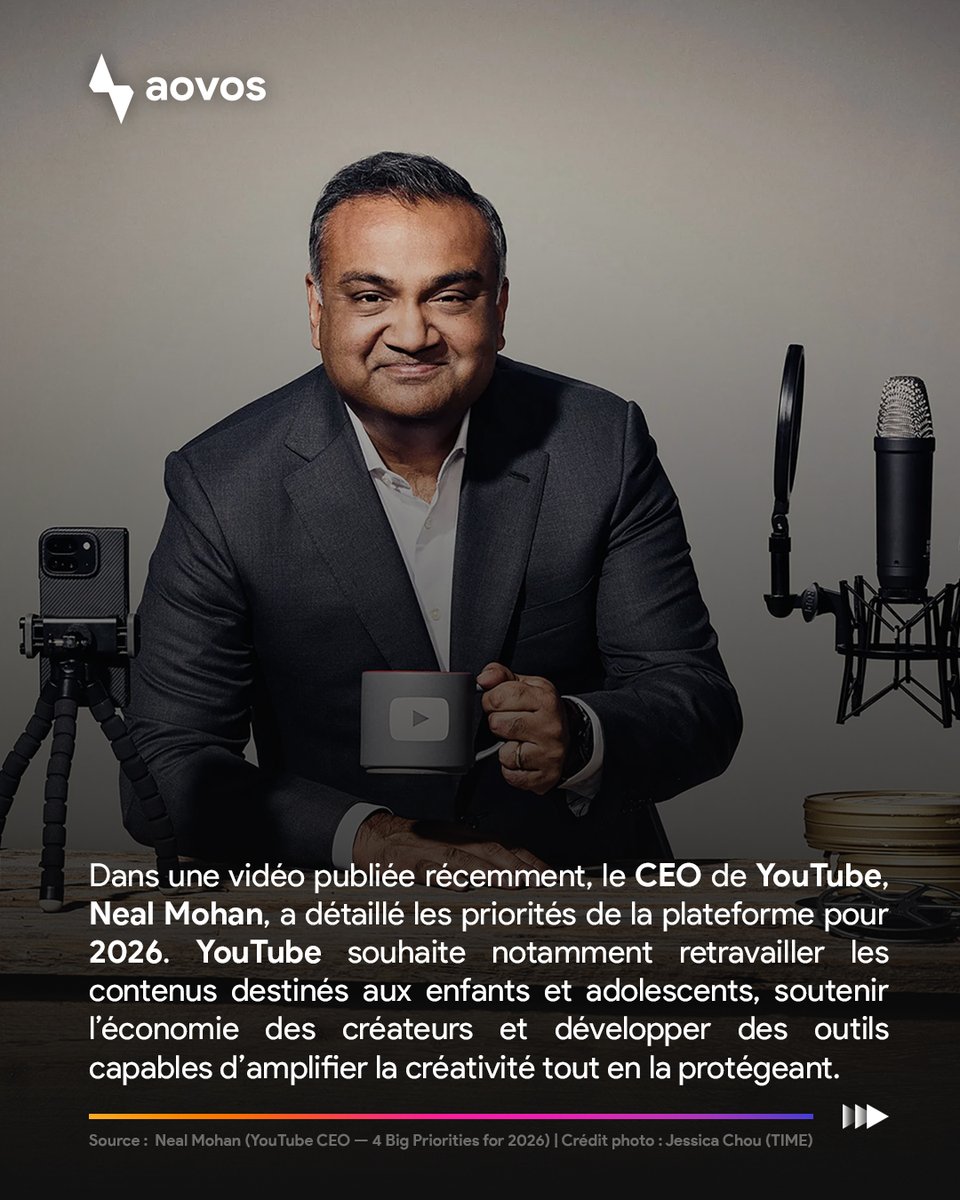 aovosmedia's tweet image. 🚨 | YouTube a dévoilé ses priorités pour 2026 !

🎥Créateurs au centre
💸Monétisation
🎨Créativité encadrée
🪁Focus sur les jeunes publics

(Source : YouTube - Neal Mohan | YouTube CEO — 4 Big Priorities for 2026)

#YouTube #ContentCreator #StreamerCommunity
