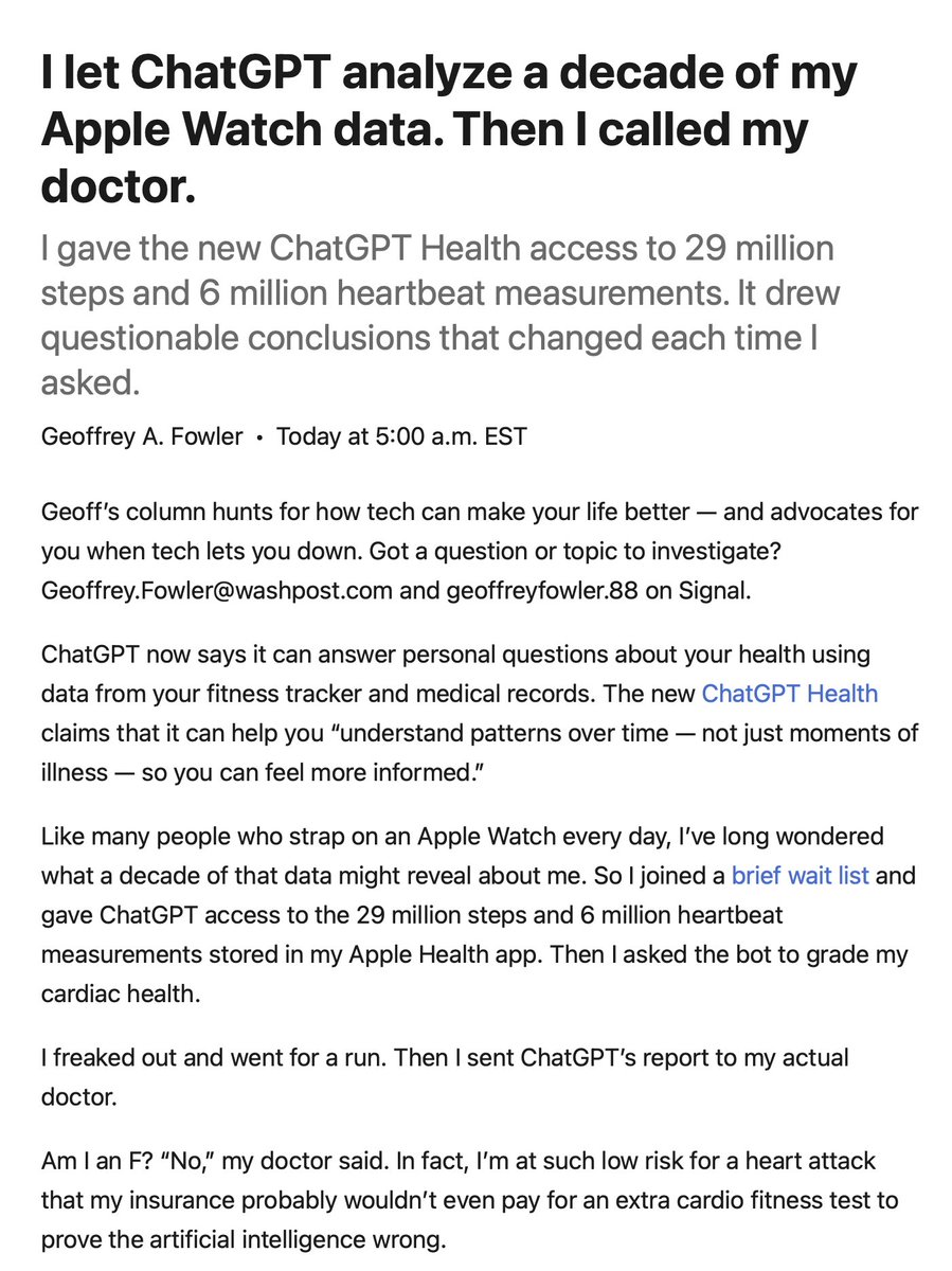EricTopol's tweet image. The performance of the newly released ChatGPT Health, via a thorough assessment by @geoffreyfowler with his health data, is very disappointing
gift link wapo.st/49GEASP