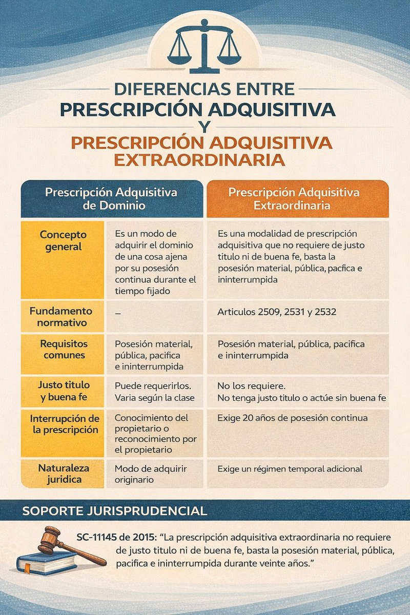 juridicascol's tweet image. DIFERENCIAS ENTRE PRESCRIPCION AQUISITIVA DE DOMINIO ORDINARIA Y EXTRAORDINARIA. ⚖️

✍️ ¿DESEAS ESTAR ACTUALIZADO A DIARIO DE TODA LA JURISPRUDENCIA DEL PAIS? SUSCRIBETE 👉 wa.link/hocw71