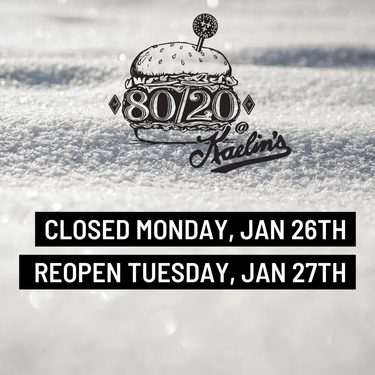 Snow day! ❄️ We’ll be closed Monday, Jan 26 due to the weather. Back open Tuesday, Jan 27.

#8020Kaelins #8020MaltShoppe