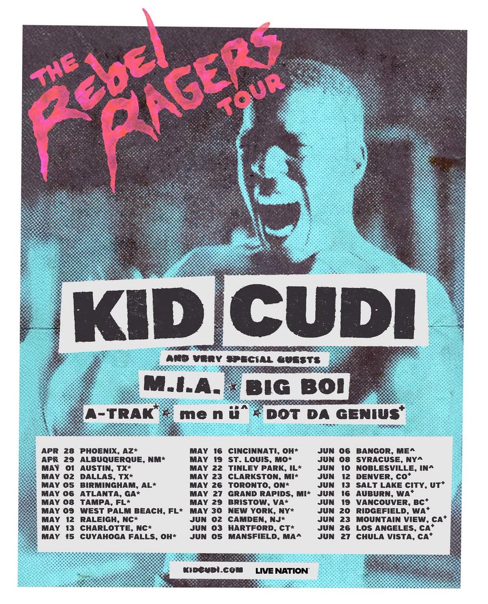 Genius's tweet image. kid cudi announces “the rebel ragers tour” for 2026 🚀🎤

featuring special guests: m.i.a., big boi, a-trak, me n ü, and dot da genius

📅 april 28 – june 27