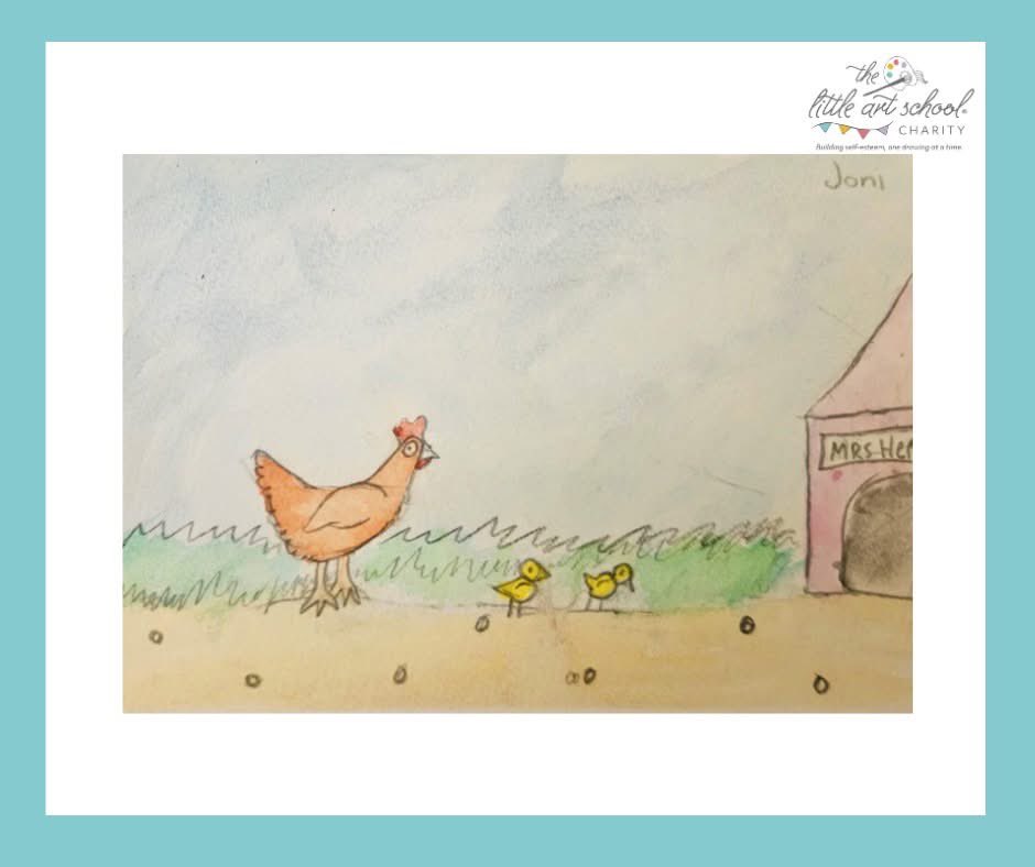 We loved this wonderful painting of Mrs Hen and her chicks, by 7 year old Joni Ross.

Joni attends our Little Artist Club Class where they have been enjoying painting 'On The Farm'. Joni has used watercolour paints to add soft washes of colour to her beautifully drawn picture.