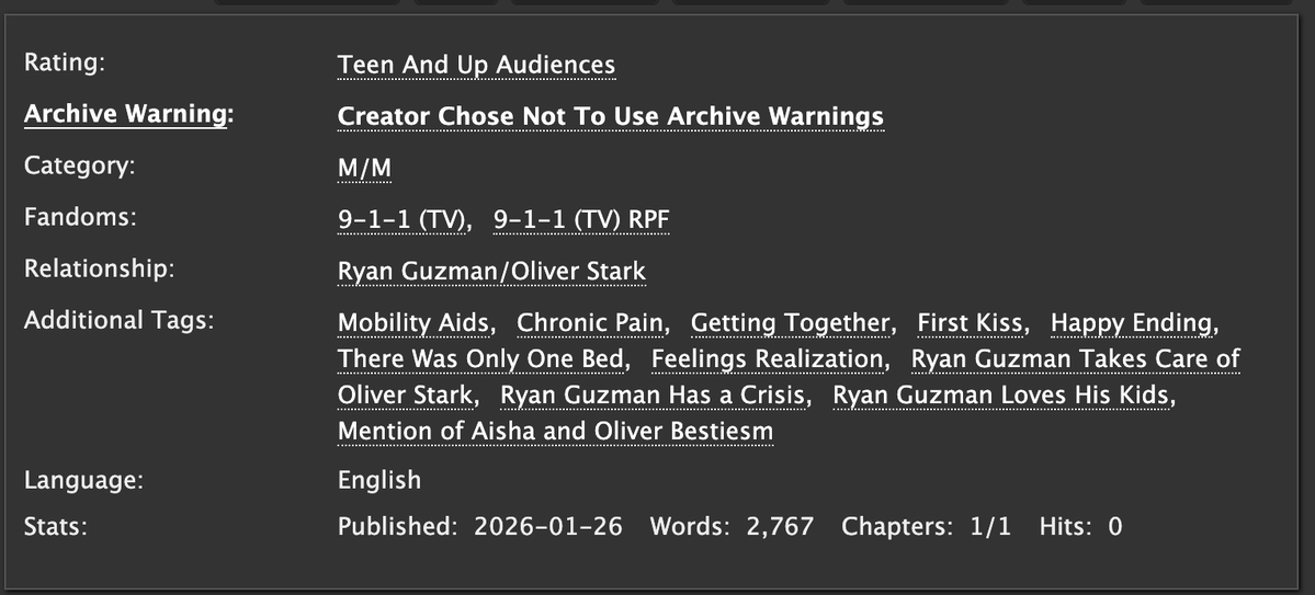 pinkandblue118's tweet image. people throw rocks at things that shine

❄️2.7k words
❄️Ryliver stuck in Nashville
❄️Oliver having a chronic pain flare
❄️Mobility aid usage
❄️Ryan helps with Oliver's Pain
❄️They finally talk about it
❄️Getting together
❄️First Kiss
❄️Happy Ending

archiveofourown.org/works/78326116