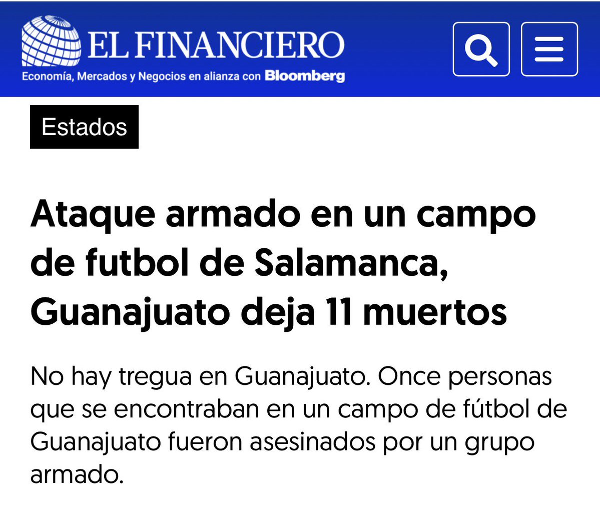 Once muertos. Once familias destrozadas. Y el terror ya instalado en las calles.

Un campo de fútbol convertido en un baño de sangre en Salamanca es la prueba brutal de la incapacidad del gobierno de MORENA. No pueden, no saben y no quieren enfrentar al crimen organizado.

La