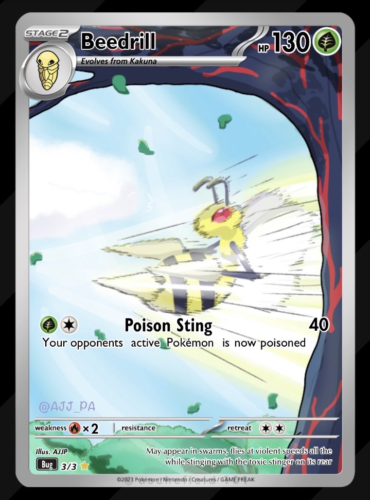 AJJ_PA's tweet photo. New Pokemon card art 🍃🐝

This is my Beedrill evolution line with connecting art

I originally drew this as a tag team as requested but I might just prefer it as a 3

#Pokemon #pokemonart #PokemonTCG https://t.co/vh8NTts70f
