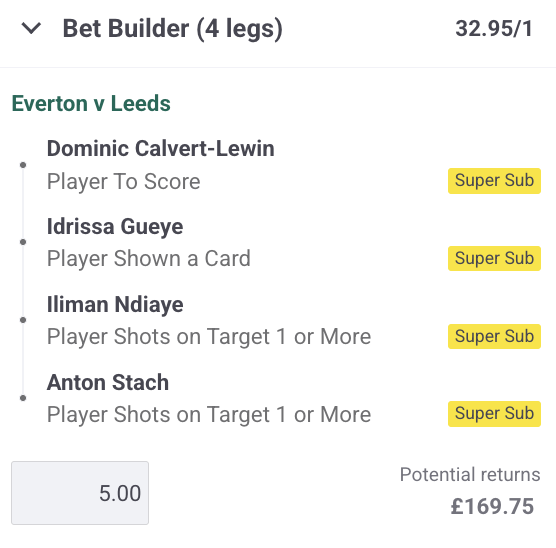 FootySuperTips's tweet photo. EVERTON ๐ LEEDS UNITED Bet Builder โ๏ธ
๐ค ยฃ5 returns ยฃ169.75
We've put together a 33/1 tip for the HUGE clash on Monday Night Football this evening ๐ฅ
18+ #GambleAware | #BuildBetterBets https://t.co/JzmQtTCA9A