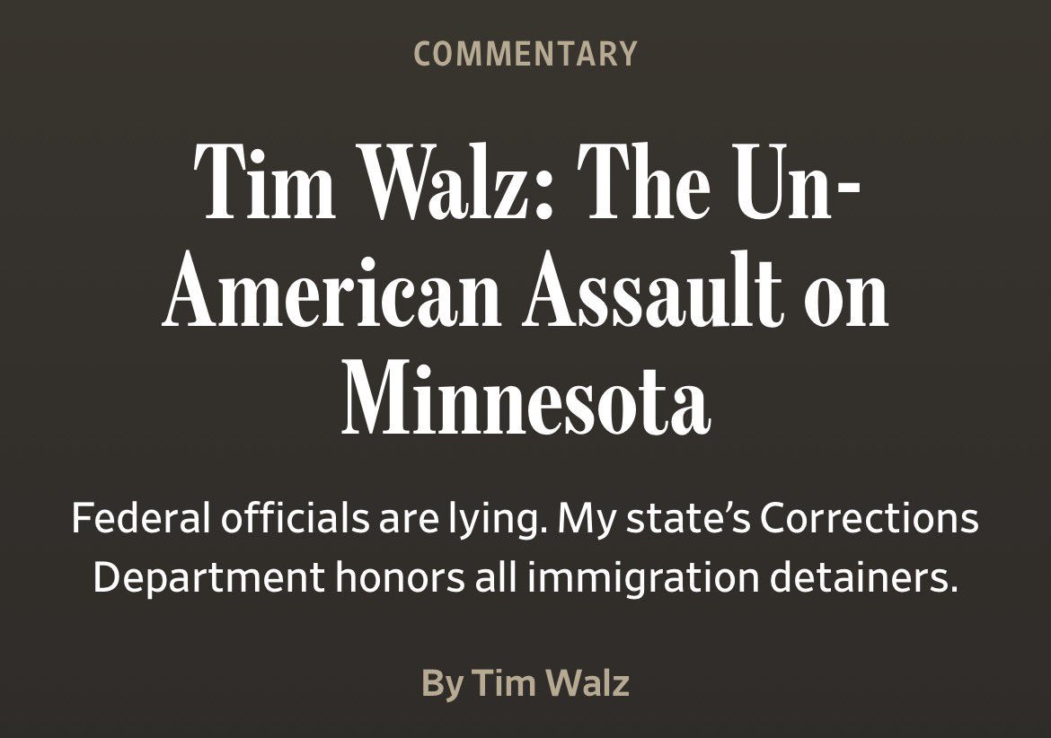 GovTimWalz's tweet image. I spoke to the President earlier. We had a productive conversation and I explained to him that his staff doesn’t have their facts straight about Minnesota. My thoughts in the Wall Street Journal:

wsj.com/opinion/tim-wa…