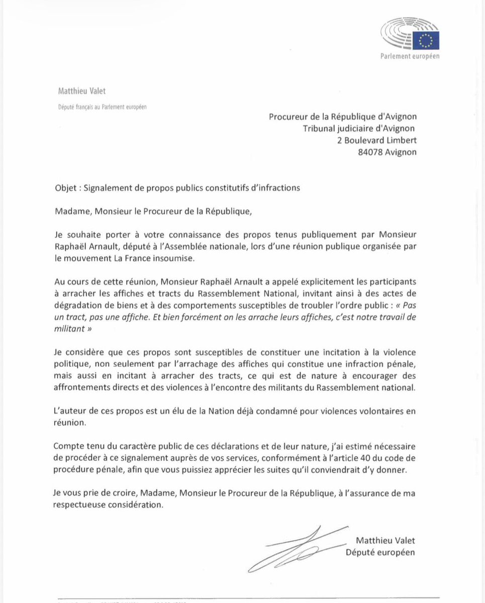 Au titre de l’article 40 du CPP, j’ai saisi la Procureure de la République d’Avignon après les propos violents du député LFI Raphaël Arnault.

Quand un député appelle à la violence, ce n’est plus un débat politique, c’est un délit.

Face à l’intimidation, nous ne céderons rien !