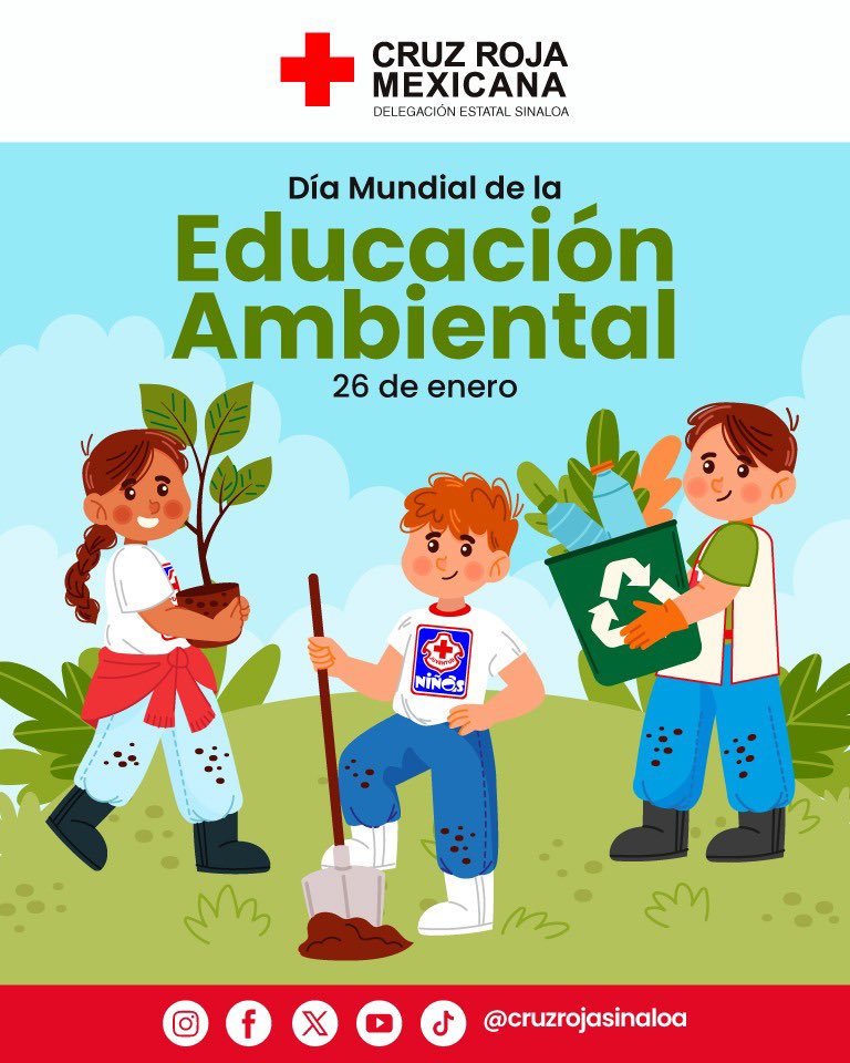🌎📚 #Efemérides 

Día Mundial de la Educación Ambiental | 2026 🌱🌳

En Cruz Roja Sinaloa creemos que la educación ambiental es una herramienta clave para proteger la vida y construir comunidades más seguras y resilientes.

#EducaciónAmbiental
#CruzRojaSinaloa
#Prevención