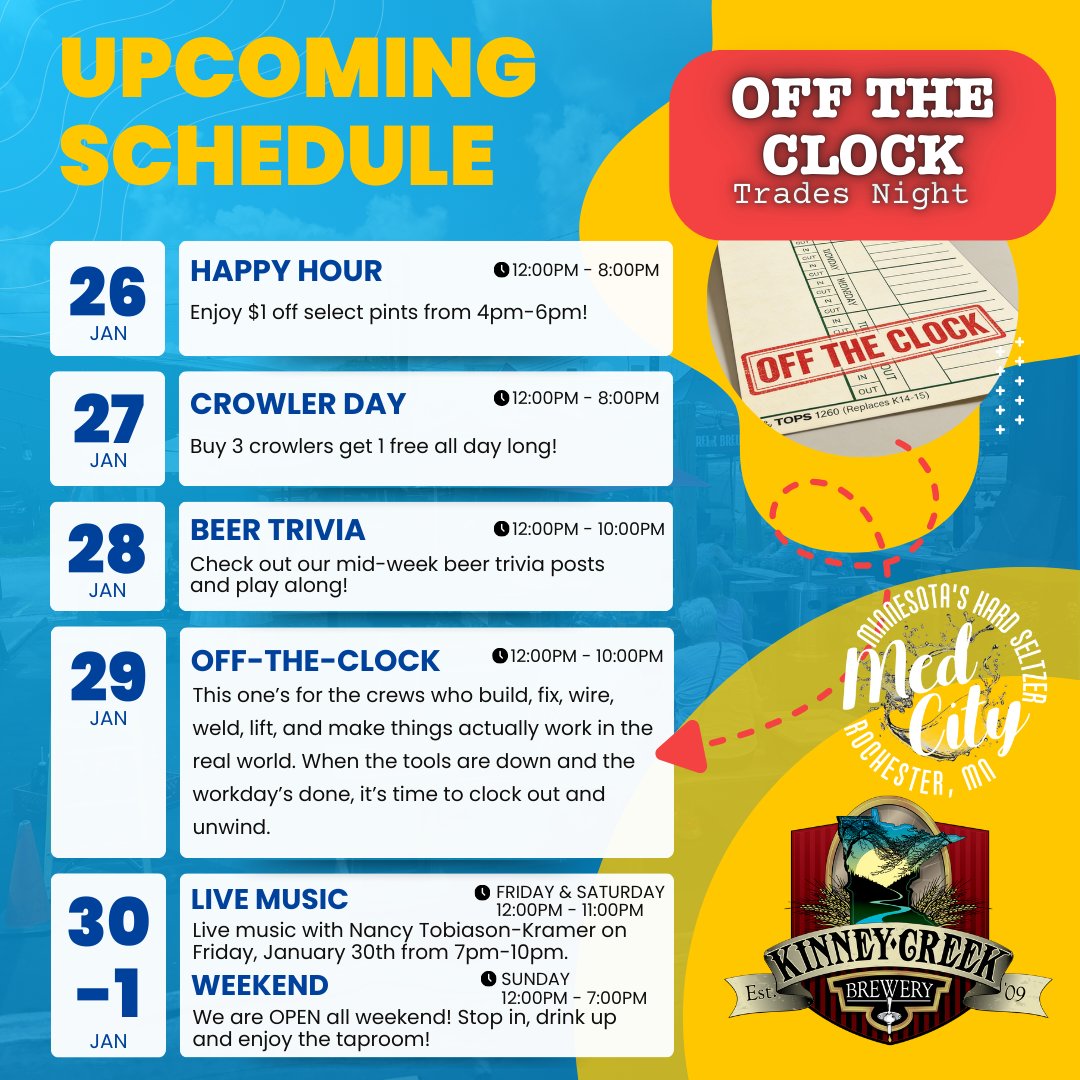 Monday energy loading… 🍺 Here’s what’s on tap this week!

🔧 Thursday = Off The Clock: Construction &amp; Trades Night
After the workday ends, the pints begin. Don’t miss it!

#offtheclock #construction #trades #happyhour #music #livemusic #brewery #mnbrewery #rochestermn #rochmn