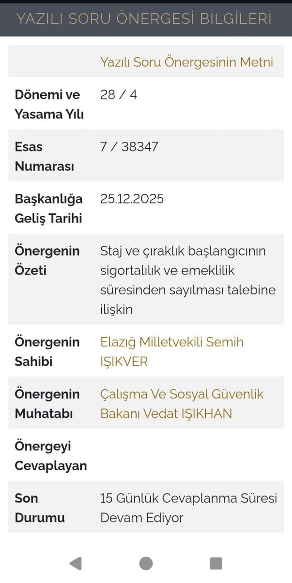 Sayın vekilimiz <a href="/KverSemih/">Semih Işıkver</a> verdiğiniz yazılı önergeye cevaplanması gereken 15 günlük sürenin üzerinden bir 17 gün daha geçti.Sayın <a href="/isikhanvedat/">Prof. Dr. Vedat Işıkhan</a> halen cevaplamadı.Staj Çıraklık sigortası mağdurları verdiğiniz soru önergesini yakinen takip ediyor.
#StajÇıraklıkSgkBaşlangıcıOlsun