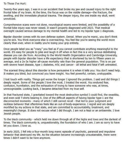 AdameMedia's tweet image. NEW: Kanye West continues his apology tour. 

He has just issued an apology for antisemitic remarks and actions via The Wall Street Journal.  

"I regret and am deeply mortified by my actions in that [fractured] state, and am committed to accountability, treatment, and meaningful…