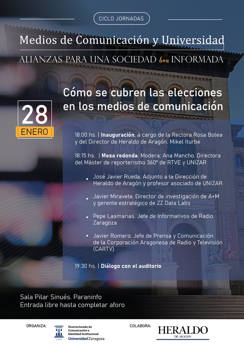 🗞️🎓 Periodismo y Universidad ante los retos actuales. La <a href="/unizar/">Universidad Zaragoza</a> organiza el ciclo "Medios de Comunicación y Universidad: alianzas para una sociedad bien informada”.
El miércoles 28, con <a href="/heraldoes/">Heraldo de Aragón</a>: Cómo se cubren las elecciones en los medios
🔗 n9.cl/vimml