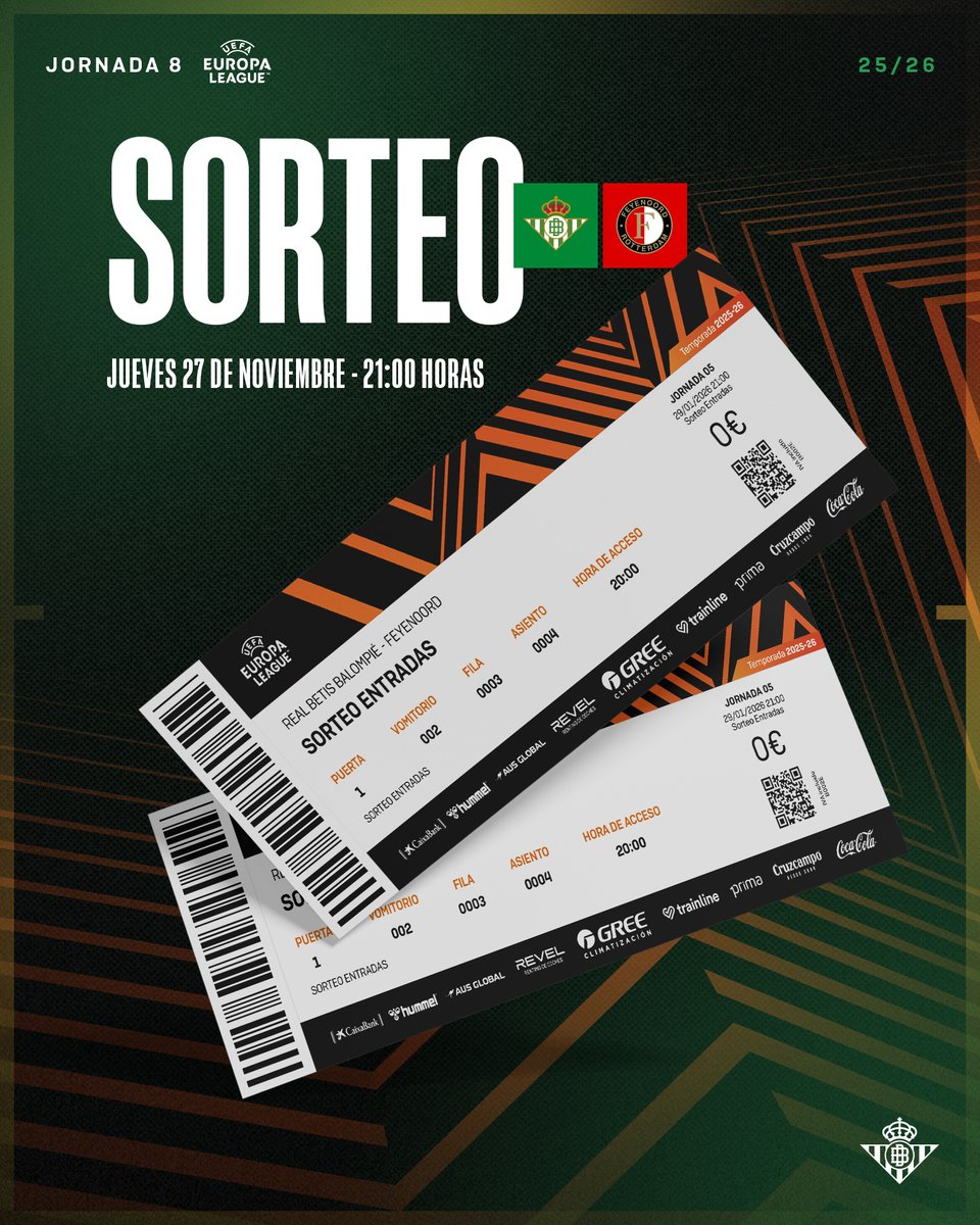¡Sorteamos 2 entradas para el #RealBetisFeyenoord entre todos los que hagáis RT a esta publicación! 🎟