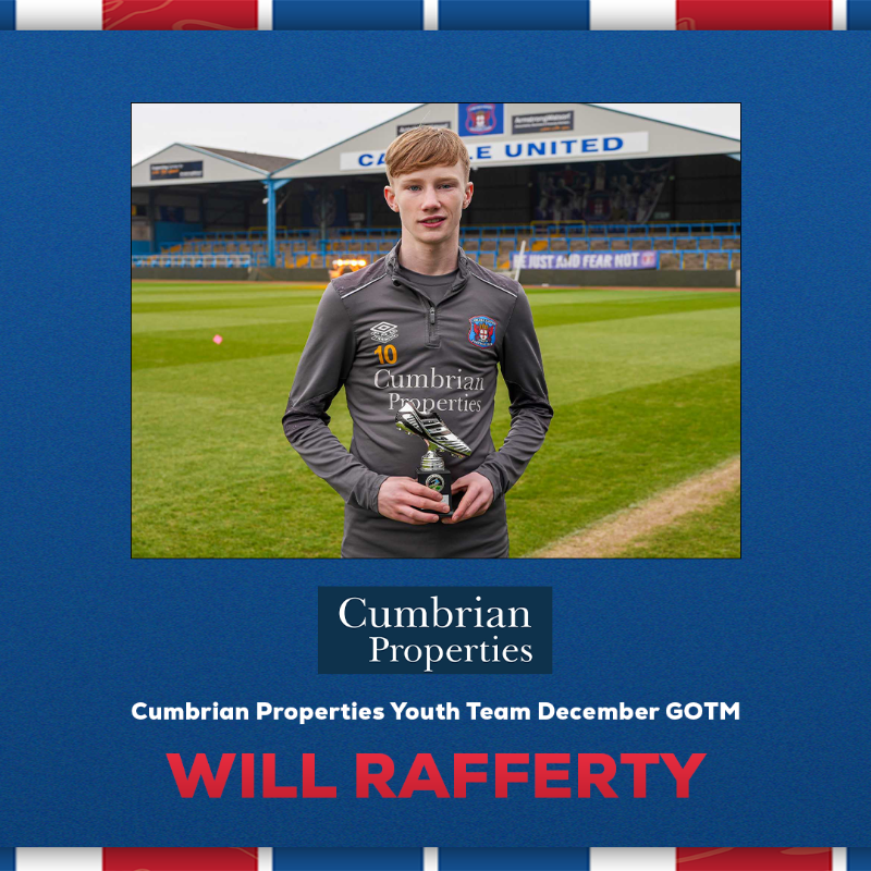 officialcufc's tweet photo. 👏 Congratulations to Will Rafferty, whose strike against Blackpool has won the Cumbrian Properties Youth Team December Goal of the Month with 43% of the vote.  

Well deserved, Will! 🏆 https://t.co/Zog2yvw8Fg